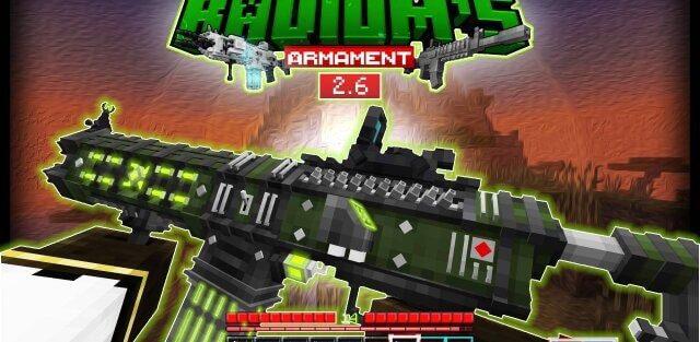 Radium's Armament addon showcasing various weapons in Minecraft