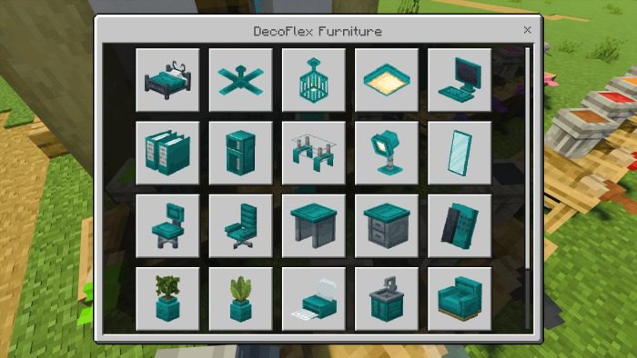 DecoFlex Furniture addon showcasing a variety of stylish furniture pieces in Minecraft.